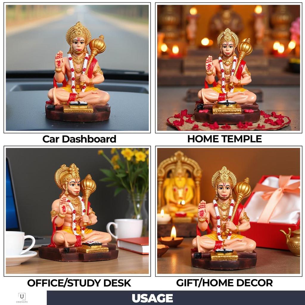 Murti de Hanuman Ji para Painel de Carro, Ídolo para Pooja em Casa com Hanuman Chalisa para Proteção contra Energia Negativa, Boa Sorte e Sucesso
