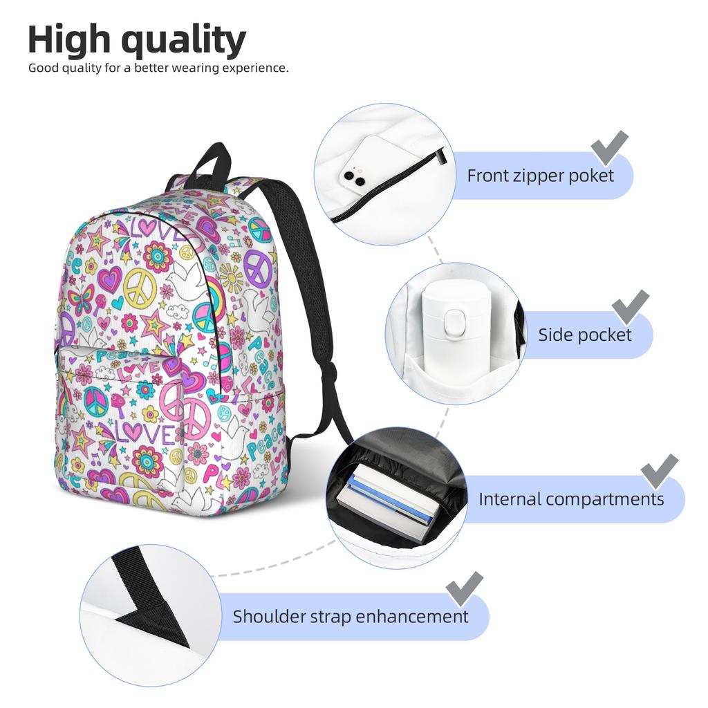 Cute Peace Foral Love Pattern Backpack for Men Women Fashion Student Work Daypack Laptop Computer Canvas Bags Lightweight