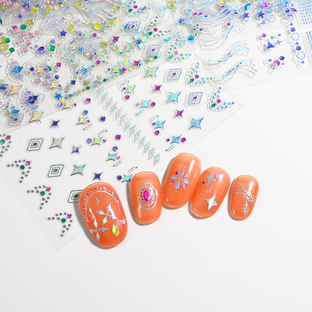20pcs/Set 3D Laser Silver Nail Sticker Rhinestone Gems Star Jewelry Decals Holographic Design Manicure Slider DIY Nail Accessory
