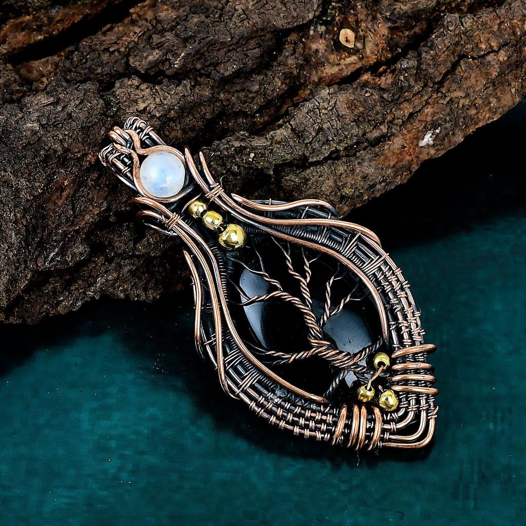 Black Onyx Pendant Real Gemstone Pendant Copper Wire Wrapped Jewelry Rainbow Moonstone Pendant Handmade Tree of Life Jewelry Gift for Mother