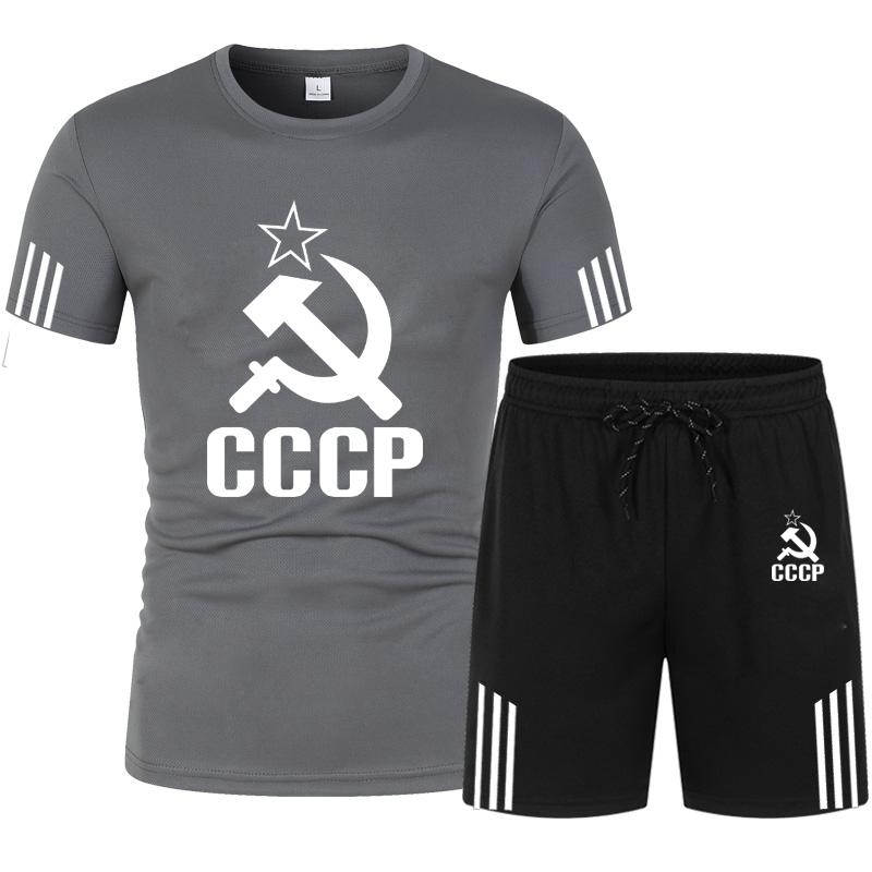 CCCP Tracksuit Male Summer Clothes Sports Clothes Set Two Pieces T Shirt Shorts Brand Track Clothes Male Runing Sports Suits