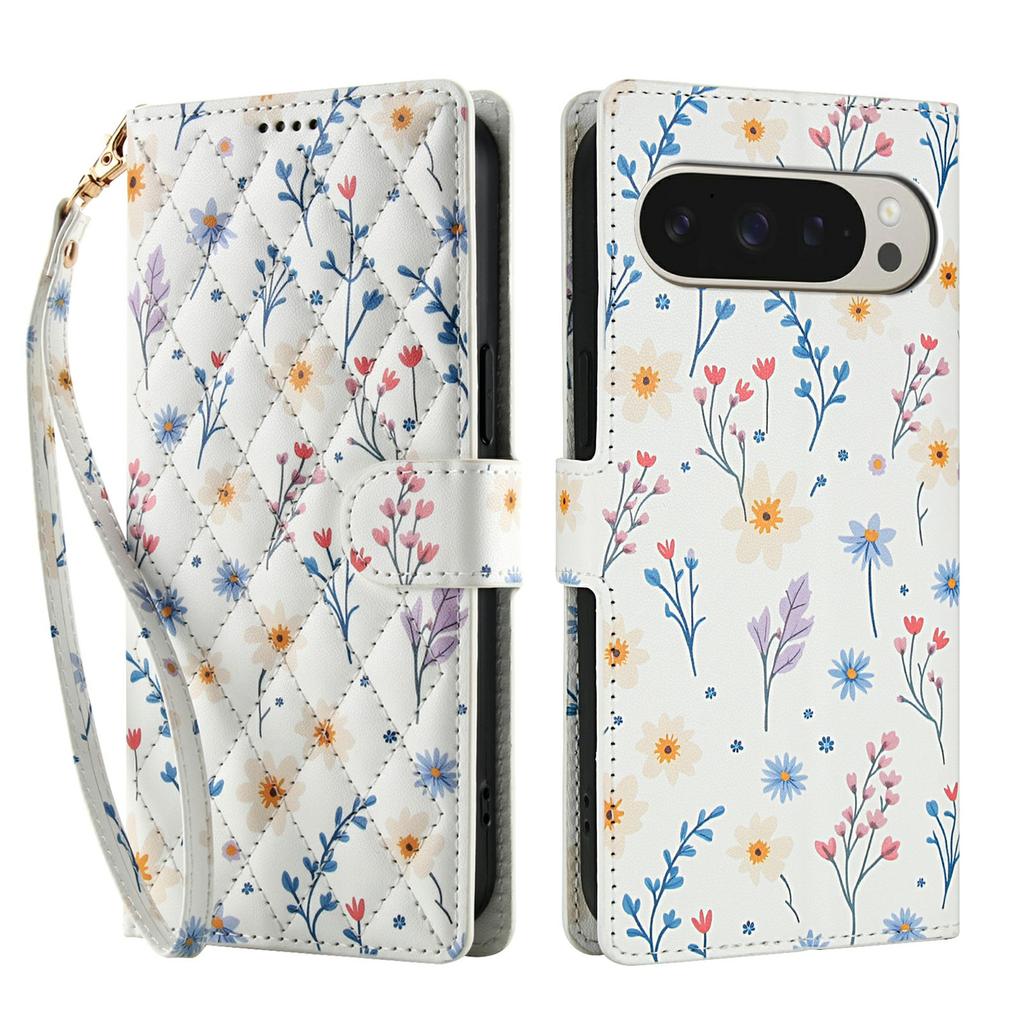 For Google Pixel 10 Pro XL/9 Pro XL Wallet Case Rhombic Floral Design Leather Flip Phone Cover with Strap