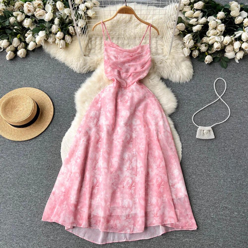 Women Floral Spaghetti Strap Dress Elastic Ruched Sexy Hollow Backless Party Dress Summer Boho Vacation Beach Sundress
