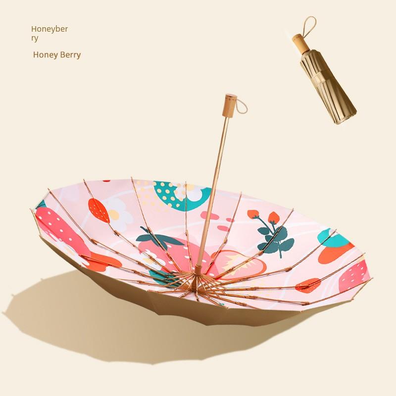 16-Rib Manual Opening Umbrella with Wooden Handle, Vintage Style, Black Coating for Sun Protection, One Piece