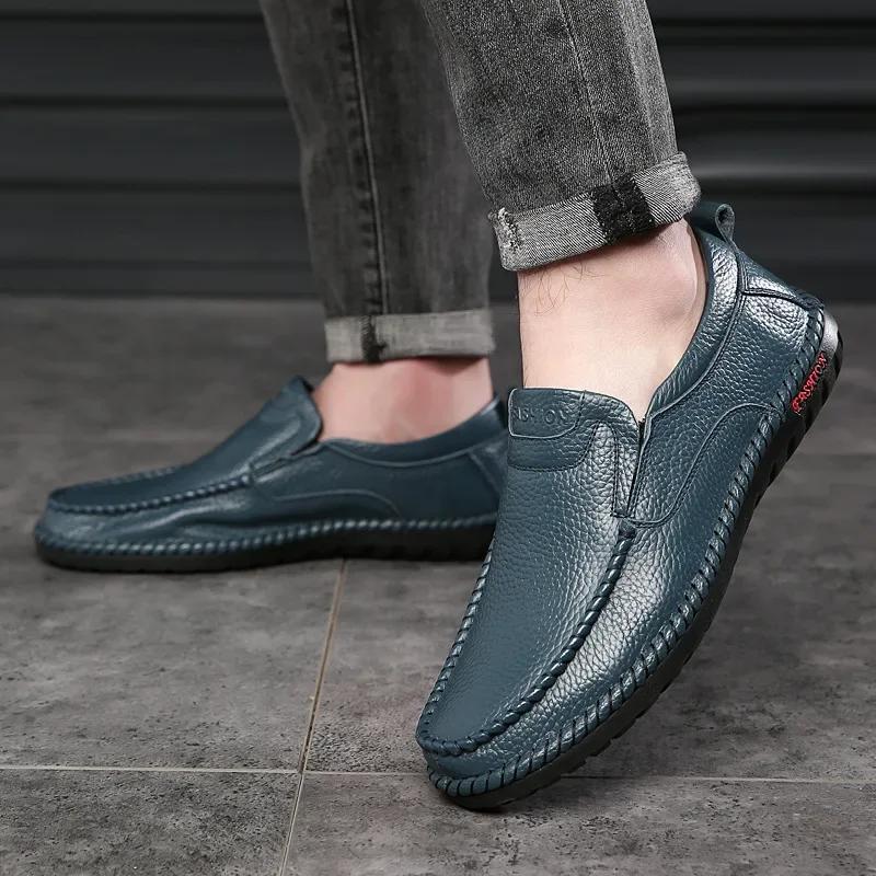 Men's Breathable Genuine Leather Summer Slip-On Loafers, Casual Blue Flats Driving Moccasins Shoes