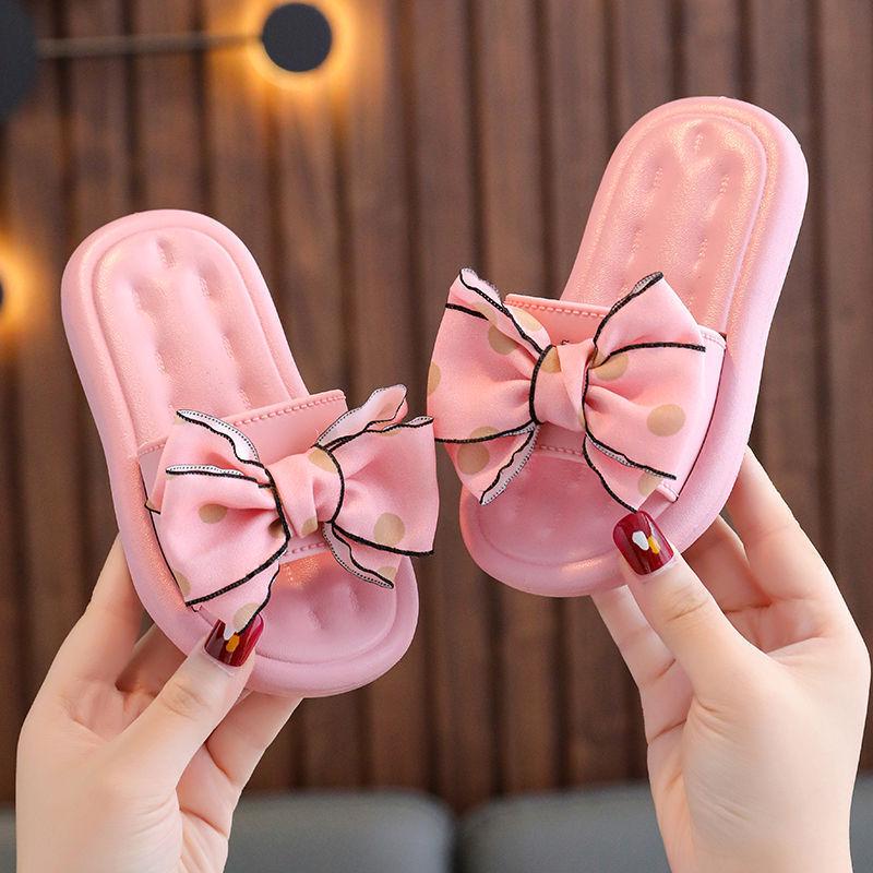 Rutschfeste Hausschuhe für Mädchen mit süßer Schleife, weiche Sohle, Prinzessinnen-Stil, Sommer-Sandalen für drinnen/draußen für große, mittlere und kleine Kinder