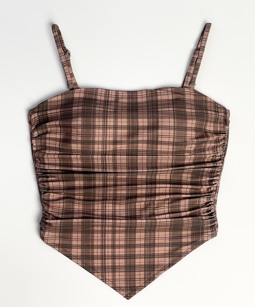 Aiemkeulleeo Cocoa Check Tube Top Bustier Bikini Top