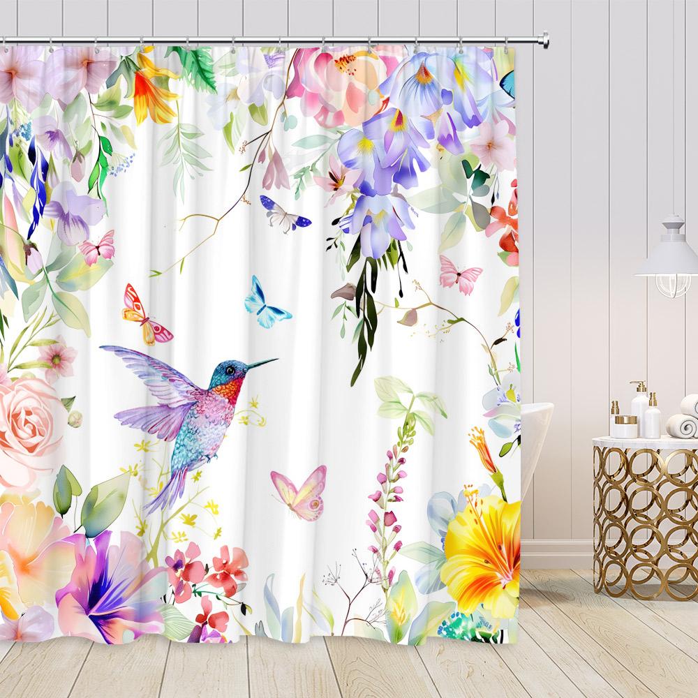 Hummingbird Floral Shower Curtains Birds Blooming Flowers Colorful Blossom Greenery Plants Modern Spring Bathroom Curtain Decor