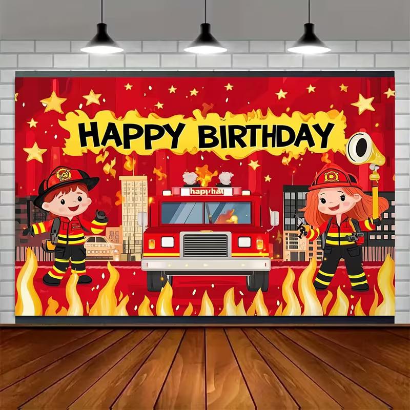 2D Cartoon Fire Truck Happy Birthday Photo Booth Background