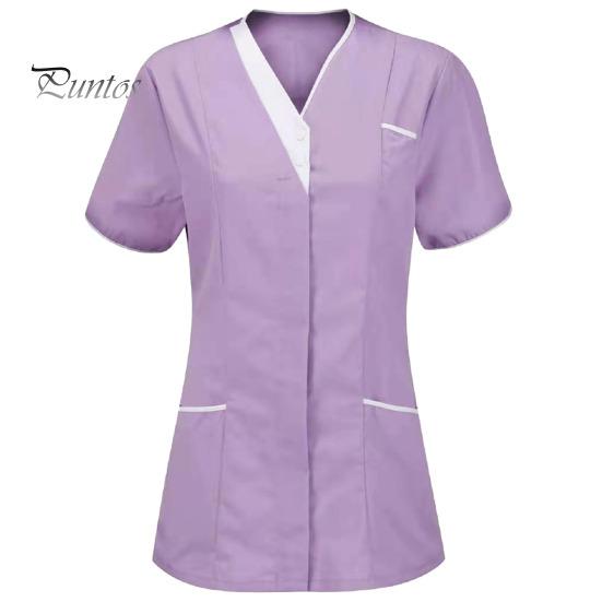 Contrasting Color Decoration Nurse Uniform Scrubs Tops Women V-neck Short Sleeve Pockets Design Overalls Uniforms Patchwork Nursing Working