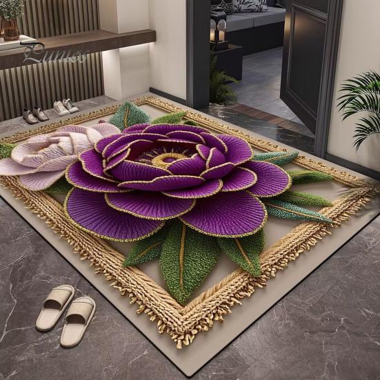Absorbent Bath Mat Floor 3D Flower Pattern Bathroom Rug Highly Quick Door Friendly Dry Non-Slip Rubber Backing Kitchen Shower Laundry Room No Curl