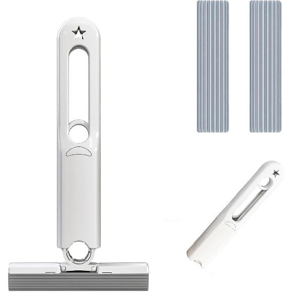 Mini Vadrouille Portable Auto-Essorante - Auto-Essorage, Vadrouille Éponge Forte Absorbante pour Sol, Salle de Bain, Cuisine & Verre - 2 Éponges de Rechange + 1 Essoreur