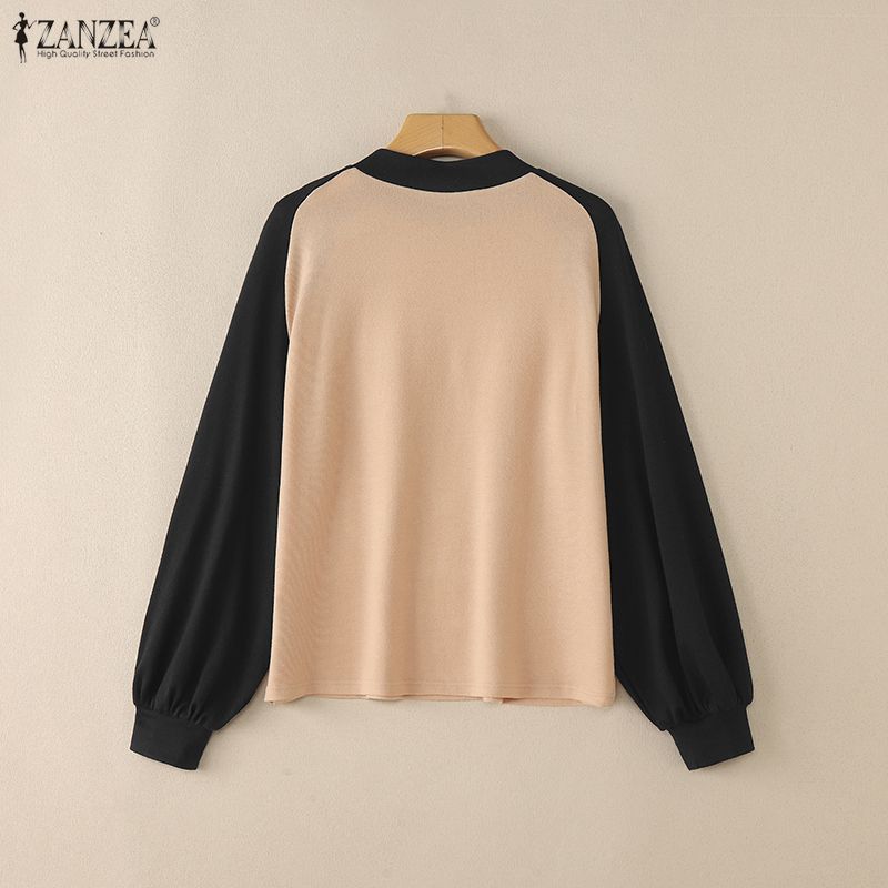 ZANZEA Women Casual Round Neck Long Sleeve Splice Tee Shirts