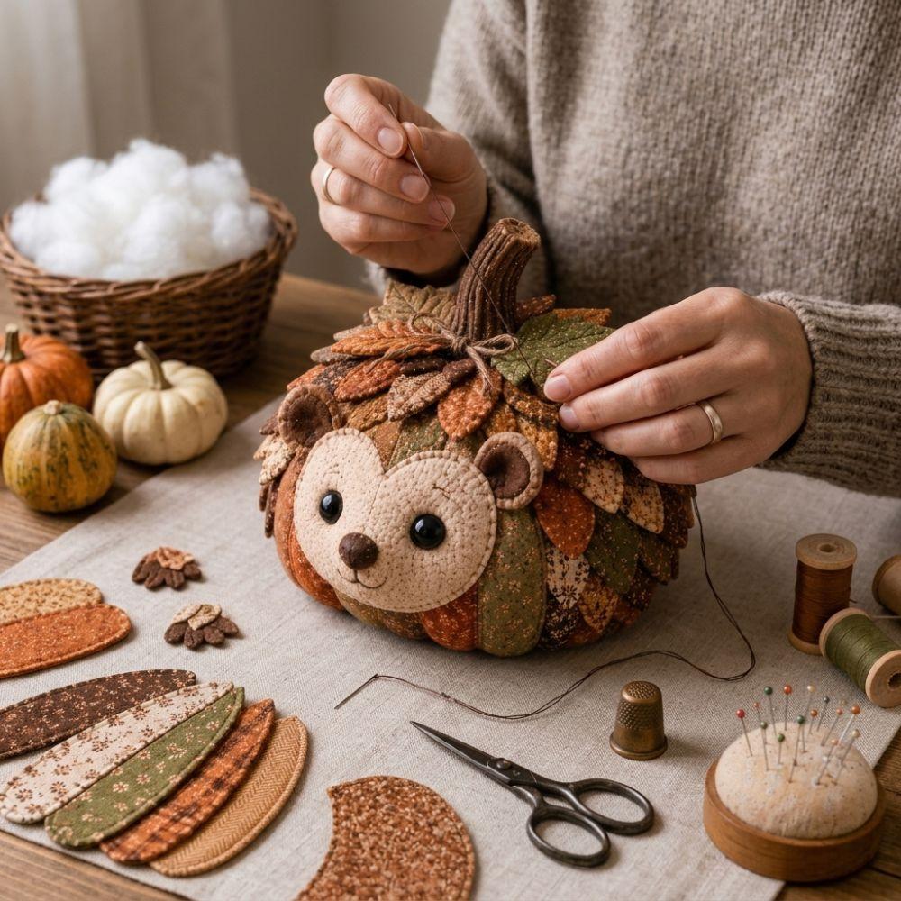 Vintage Style Whimsical Patchwork Pumpkin Fabric Kit Fall Animal Stuffed Patchwork for Hobbyists