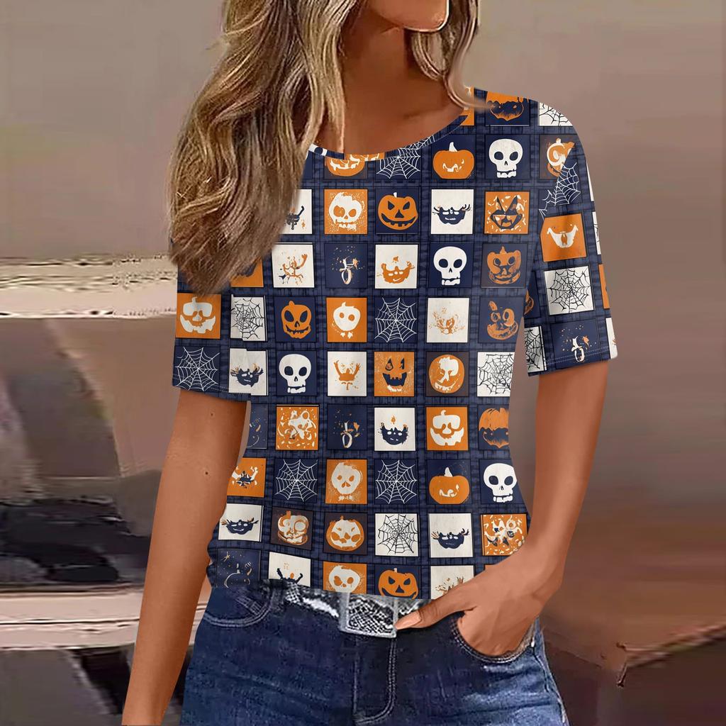 Women's Short Sleeve Halloween and Pumpkin Print T-Shirt, Casual Round Neck Pullover Top for Women