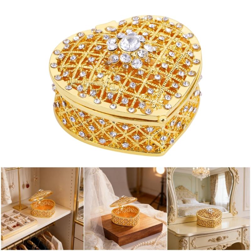 Romance Heart Shaped Metal Jewelry Storage Box Decorated With Diamonds And Pearls