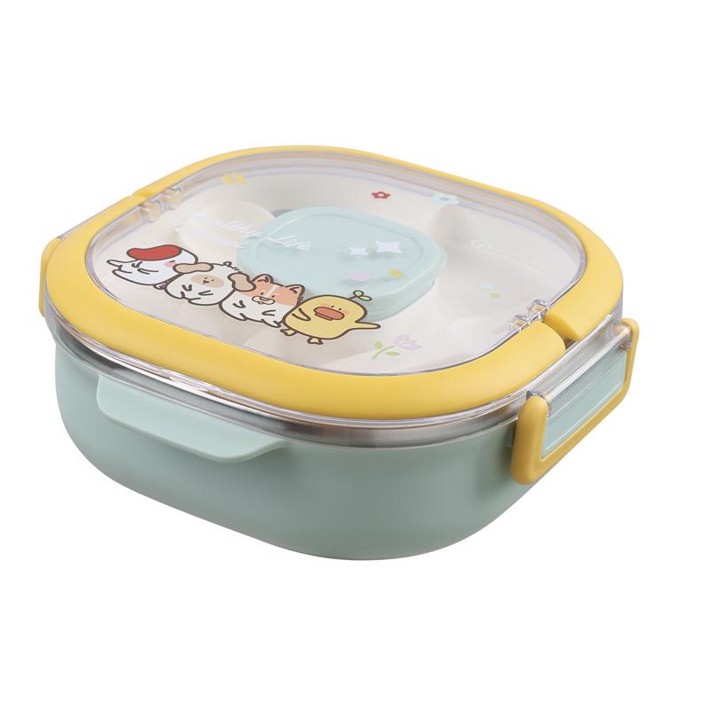 Three-Compartment Cartoon Lunch Box - Food-Grade 304 Stainless Steel, Insulated & Portable for Kids.