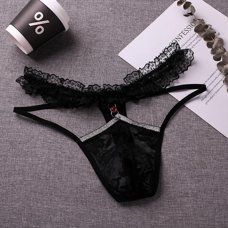 Lace Sheer Sissy Pouch Panties Men Sexy Thong Tanga Hombre Gay Crossdress Lingerie G String Rhinestone Bugle Pouch Underpants