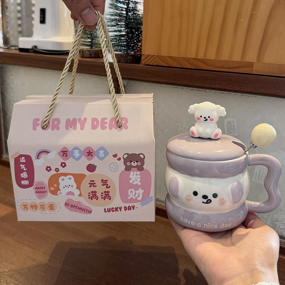 Cute Puppy Mug With Lid Spoon Wind Ceramic Cup Couple Water Cup Girls Household Breakfast Cup Children