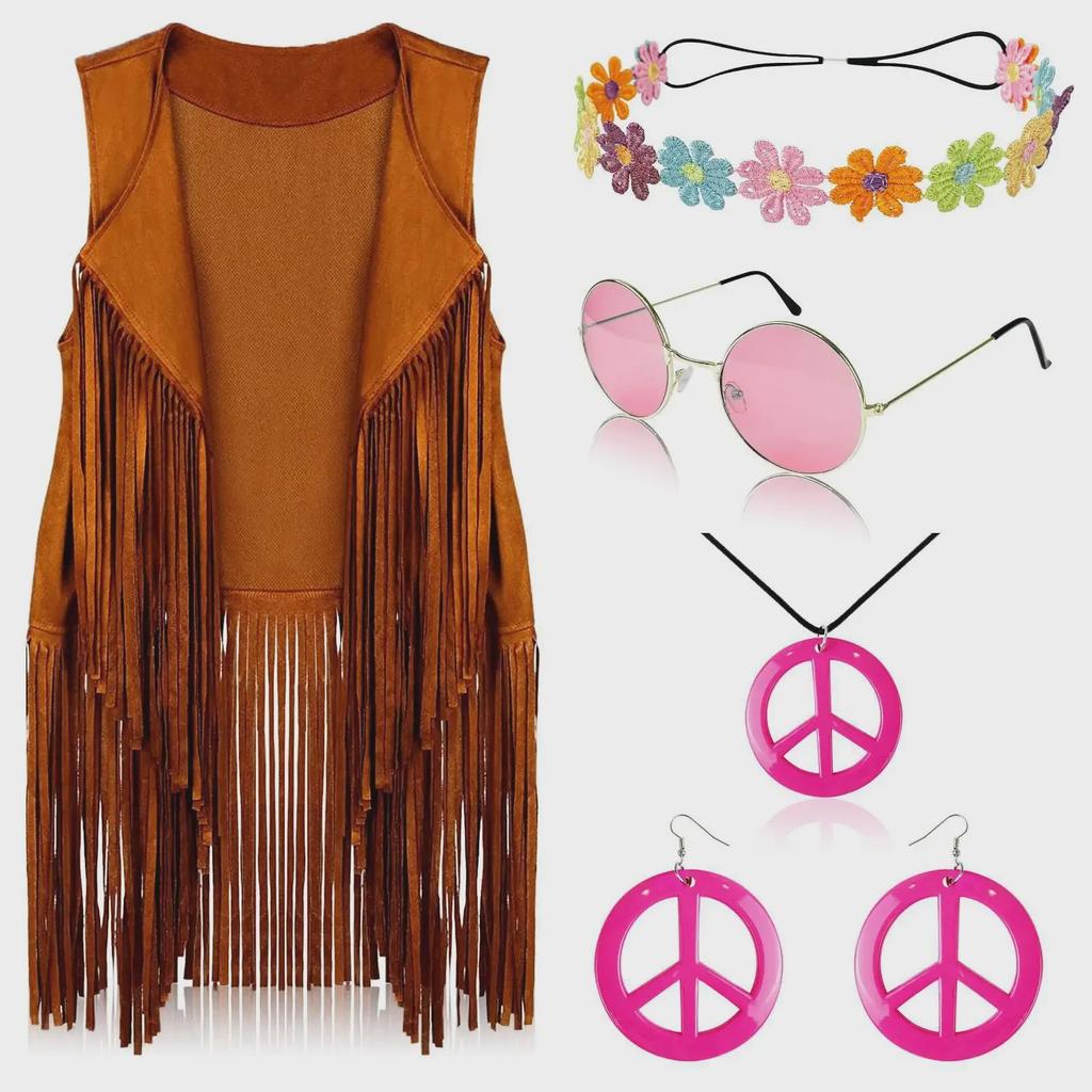 60er Jahre Hippie Kostümset: Damenweste mit Quaste und Retro-Cosplay-Outfit