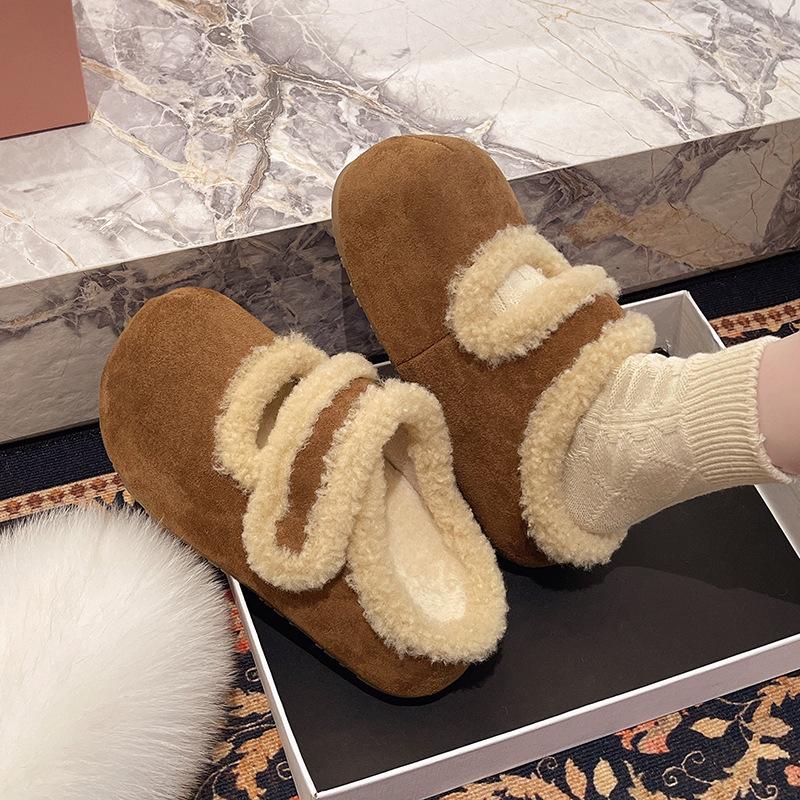 Women's Soft Bottom Large Size Thickened Winter Warm Fur One Padded Lining Ankle Boots Non-slip Baotou Cotton Half Slippers Soybean Shoes