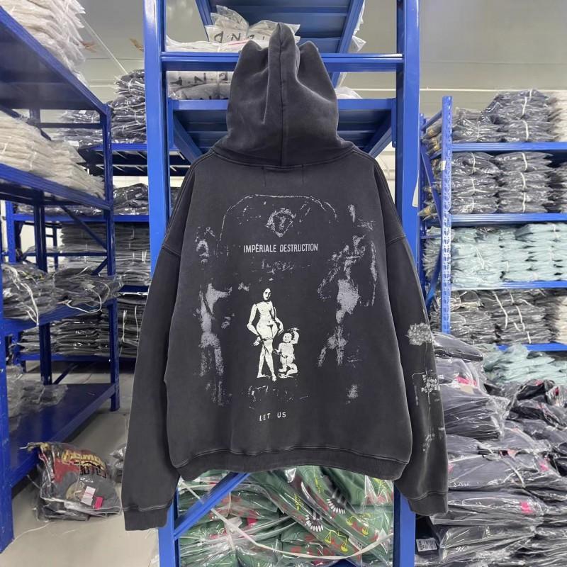 Mens Oversized Hooded Sweatshirt Streetwear Graphic Print Distressed Washed Cotton Casual Pullover