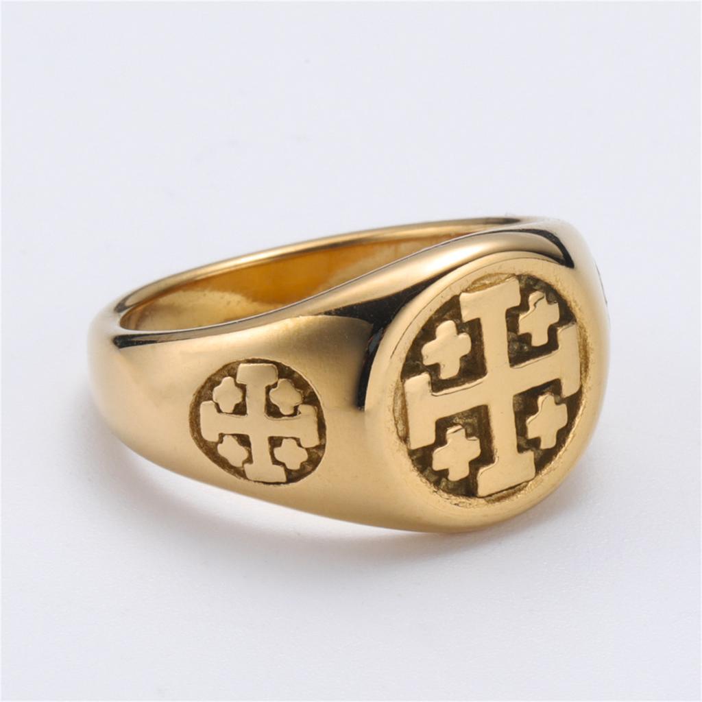 Gold Color Jerusalem Cross Ring Stainless Steel Religious Vintage Five Crosses Crusader Jewelry Georgia Symbol Jewelry for Men