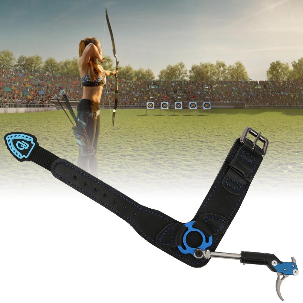 Blue Aluminium Alloy Leather Comfortable Adjustable Length Bow Trigger Wrist Strap Archery Release Aid