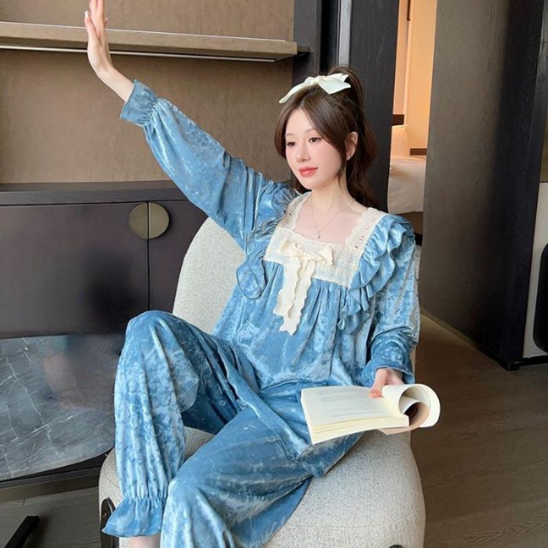 Spring and Autumn Pajamas Women's Gold Velvet Long Sleeve Pajamas Set Palace Diamond Velvet French Sweet Ladies Home Clothes