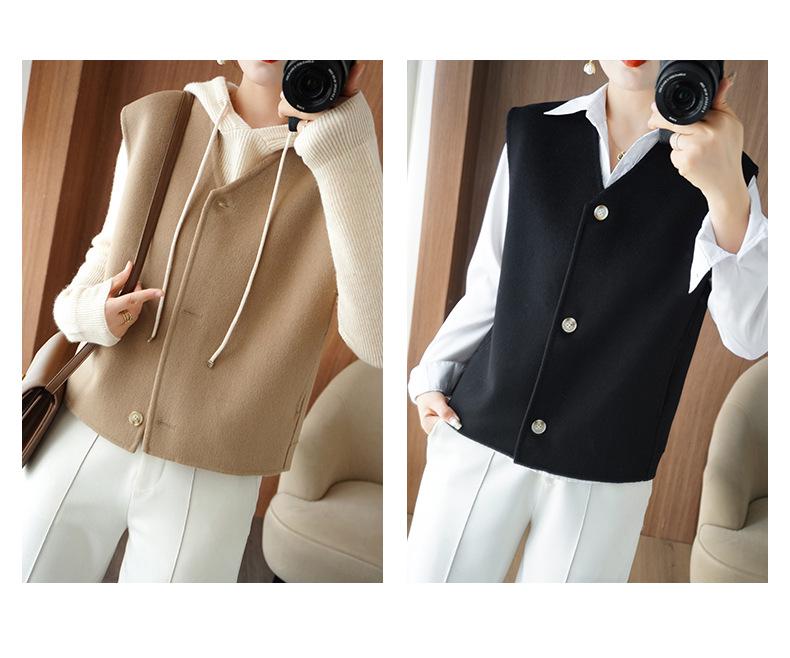 Women's Wool Blend V-Neck Vest: Petite Sleeveless Cardigan with Shoulder Pads, 100% Double-Faced Wool for Autumn & Winter.