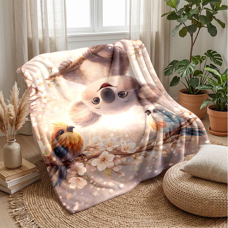 Cute Koala and Birds in Flowers blanket Personalized Name Flannel Blanket Soft Cozy Plush Throw for Sofa Bed Lightweight Home Decor