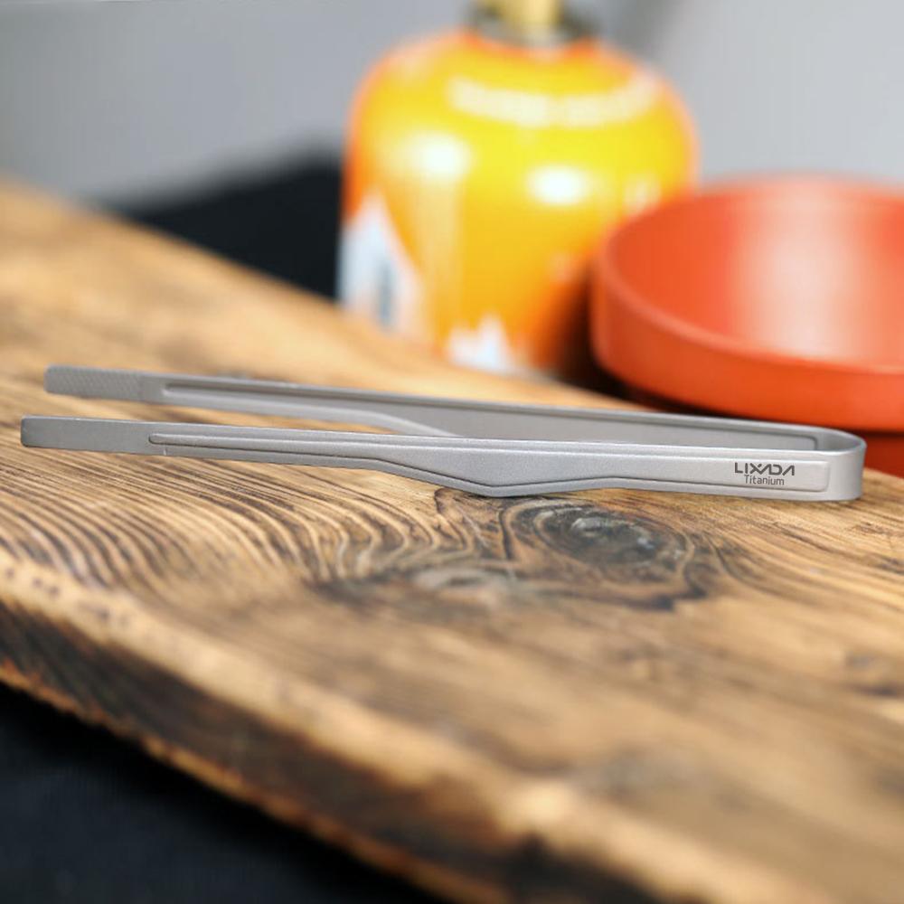 Lixada Titanium Tong Clip med Spork BBQ Grilling Tool Lett Utendørs Camping Ryggsekktur Vandring Kokeutstyr