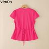 VONDA Women Casual V Neck Short Sleeve Ruffled Soild Color Blouse