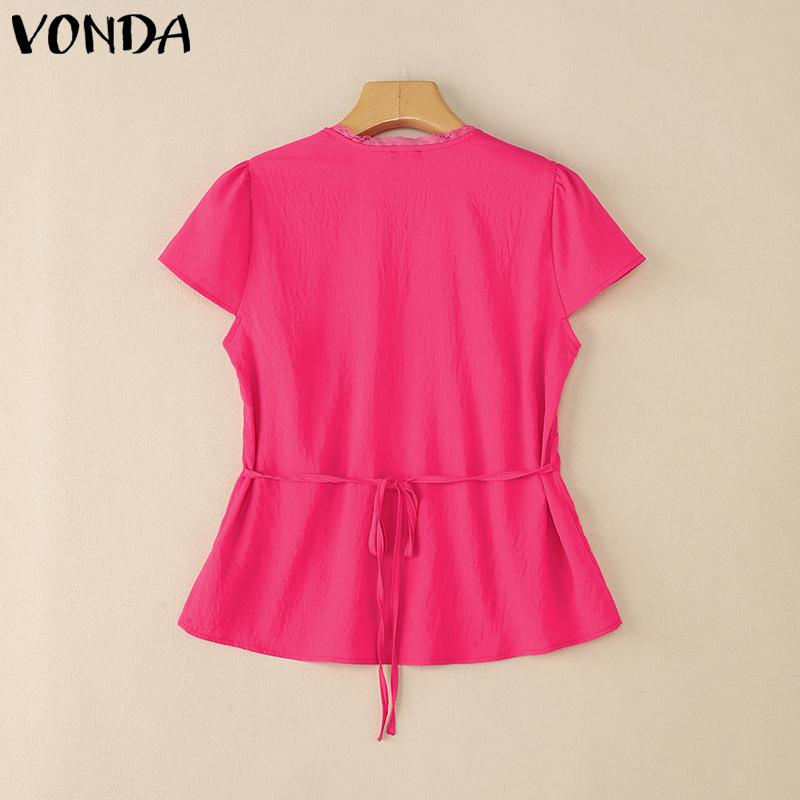 VONDA Women Casual V Neck Short Sleeve Ruffled Soild Color Blouse