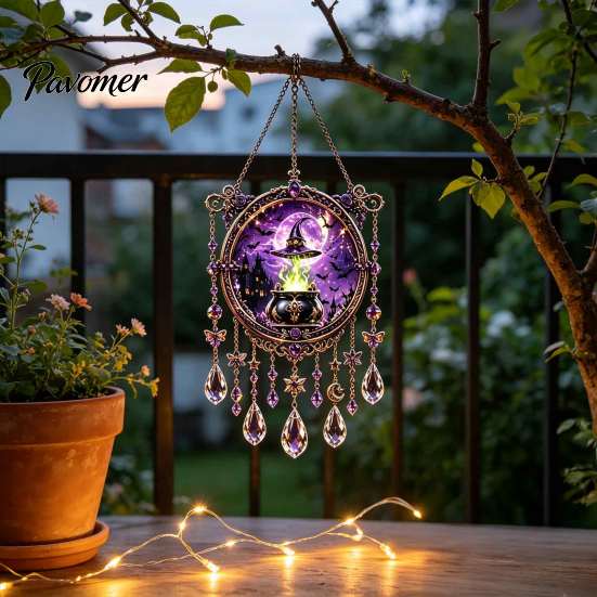 Elegant Craft Gifts Halloween Crystal Window Suncatcher, Acrylic Witch Hanging Wind Chime, Decorative Courtyard Ornaments Ornament for Indoor Outdoor