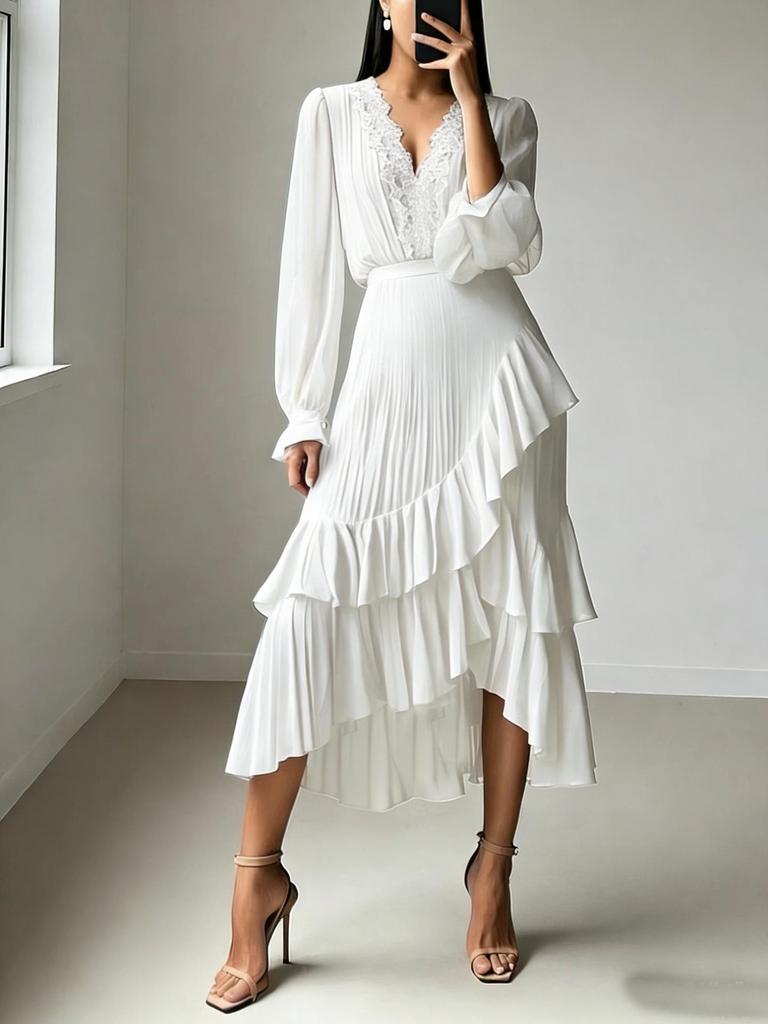 2026 European & American V-neck Long Sleeve Ruffled Pleated Dress for Banquet Parties