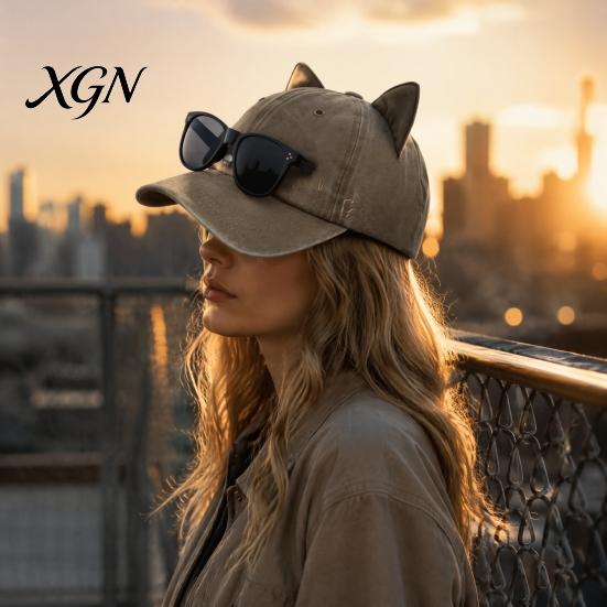Unisex Hip Hop Cap Cat Ear Trucker Hat, Baseball with Detachable Sunglasses, Fashionable Outdoor Sun Hat Adjustable Pilot Style for Travel UV