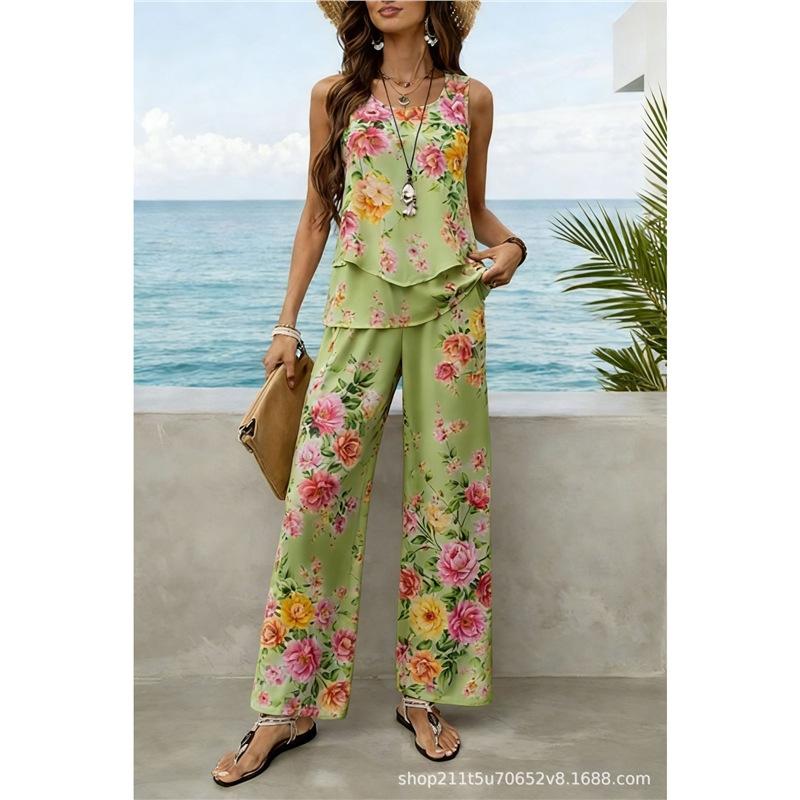 Bohemian women's sleeveless suit is suitable for daily wear, vacation sleeveless suit, spot solid color premium