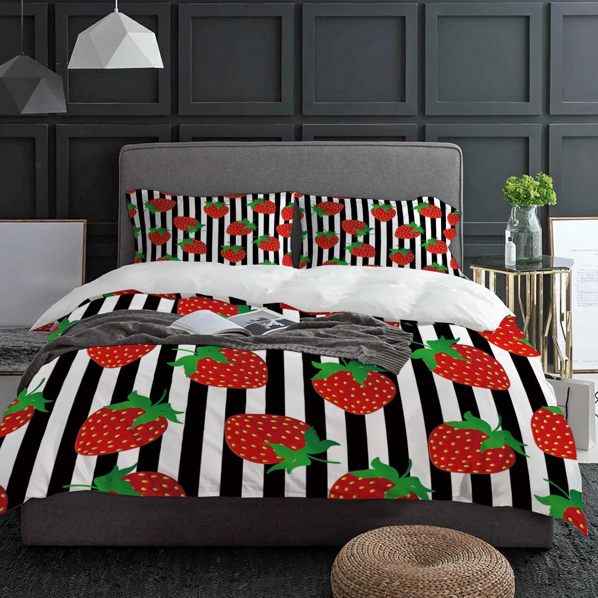 

Red Strawberry Black And White Stripes Fit Bedding Set 3pcs Duvet Cover Pillowcase Quilt Cover Double Bed Set Home Textile (135x200cm)