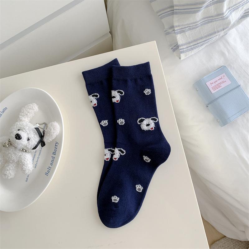 Cute Cartoon Striped and Color-blocking School-style Socks for Spring and Autumn, Plush Three-dimensional Puppy Fabric Label Socks