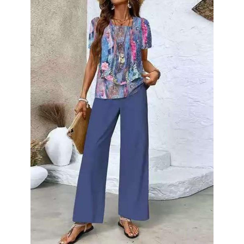 Women's Loose Fit Two Piece Outfit Sleeveless Tank Top High Waist Wide Leg Pants Set With 3D Abstract Print For Casual Summer Daily Wear