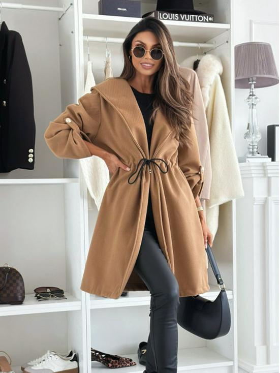 2025 European & American Women's Fashion Lace-Up Hooded Lapel Long Sleeve Coat for Autumn & Winter