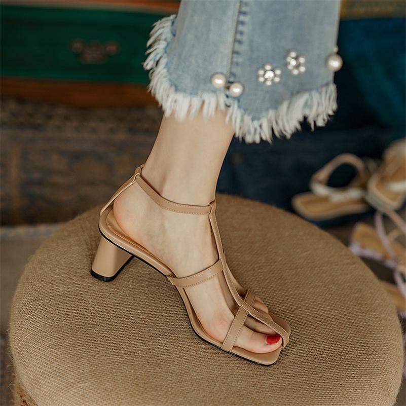 Meotina Femmes en cuir véritable t-strap chaussures talons épais été boucle sandales bout carré talon haut chaussures pour dames abricot Beige