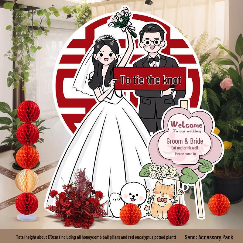 Welcome Sign Wedding Standee: Hand-Painted Cartoon Figure Poster Board for Event Decoration