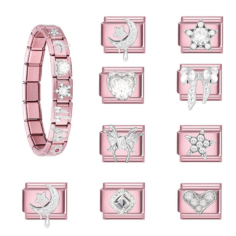 Romantic Y2K Heart Star Moon Flower Zircon Pink Color Italian Charm Links Fit 9MM Stainless Steel Bracelet DIY Making Gift