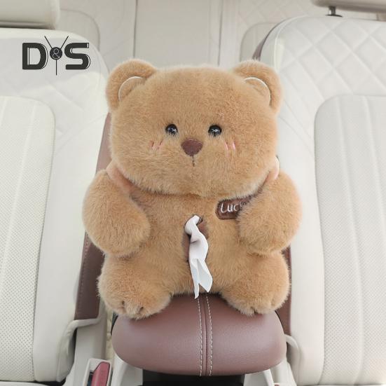 Cute Bear Car Tissue Box & Trash Can 2-in-1 Plush Multi-Functional Organizer Universal Auto Interior Decor for SUV Truck Van