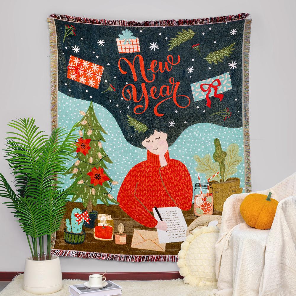 Outdoor Camping Blanket Moisture-proof Picnic Mat Jacquard Tapestry Christmas Sofa Towel Cover