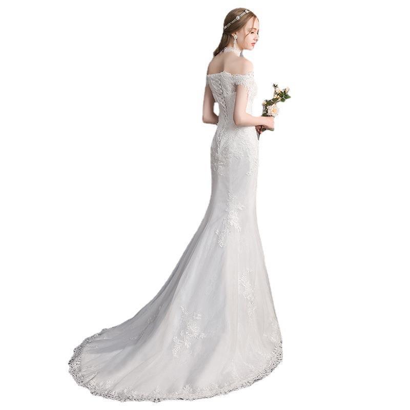 One-word Shoulder Fishtail Light Wedding Dress 1011 New Summer Banquet Small Trailing Catwalk Performance Dress Annual Meeting Hosting Dress