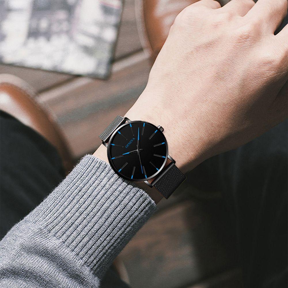 Classic Black Ultra Thin Watches Alloy Mesh Belt Quartz Watch Luxury Mens Wristwatch  Leisure Time