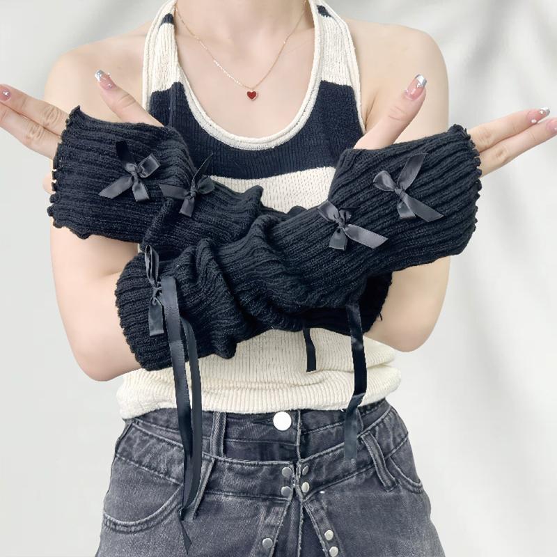 Women'S Bow-Knot Hand Sleeve Half-Finger Gloves Knitted Wool Ribbon Sleeves Fashionable Ballet Style Arm Sleeves